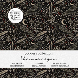 Puede incluir: Un patrón digital sin costuras con cuervos negros, lanzas, plumas, lunas crecientes y nudos celtas sobre un fondo negro con detalles rojos. El texto dice: pixie petal press, goddess collection: the morrigan, 12" x 12" 300 dpi.