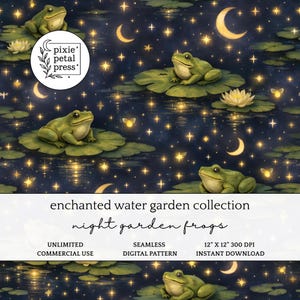 Könnte beinhalten: Ein nahtloses digitales Muster mit grünen Fröschen auf Seerosenblättern in einem dunklen Teich bei Nacht, mit gelben Mondsicheln, leuchtenden Sternen und weißen Seerosen. Text: enchanted water garden collection, night garden frogs, 30,48 cm x 30,48 cm 300 DPI.