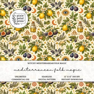 Witchy Mittelmeer Folklore Magie nahtlose Muster 300 DPI PNG Italienische Amalfi Küste griechische Zitrone Feigen Digitales Papier Oberflächendesign Datei POD