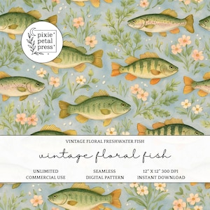 Naadloze bloemenpatroon vis voor Vaderdag 300 dpi png vintage botanisch natuuronderzoeker vijver rivier stof papier vinyl oppervlak ontwerpbestand POD