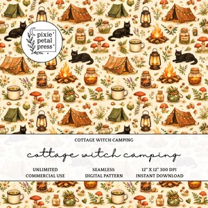 May include: A seamless digital pattern featuring a cottage witch camping theme. The design includes tents, black cats, lanterns, campfires, mushrooms, jars, and mugs on a cream background. The text "cottage witch camping" is also included.