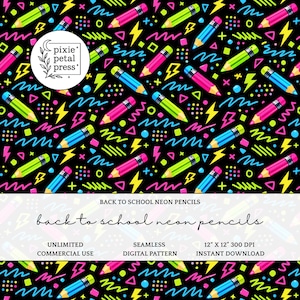 Puede incluir: Patrón digital sin costuras con lápices de neón rosas, verdes y azules sobre fondo negro. El diseño incluye rayos y líneas garabateadas. El texto dice "Back to School Neon Pencils".