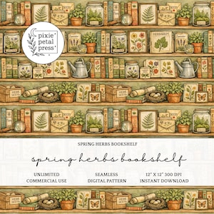 May include: Watercolor illustration of a bookshelf filled with botanical elements. The shelves display books, jars with moss, potted plants, and herb seeds. The text "Spring Herbs Bookshelf" is visible, along with "pixie petal press" logo. The design is a seamless digital pattern.