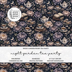 May include: A seamless digital pattern featuring a night garden tea party theme. The design includes teacups, teapots, books, cupcakes, and peonies in shades of blue, cream, and purple. The text reads "Night Garden Peony Tea Party".