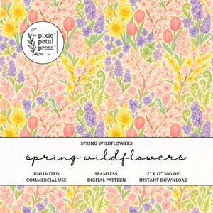 Könnte beinhalten: Ein nahtloses digitales Muster mit einem Aquarelldesign von Frühlingsblumen. Das Design umfasst rosa Tulpen, gelbe Narzissen, lila Hyazinthen und andere Blüten auf cremefarbenem Hintergrund. Der Text "spring wildflowers" wird in einer Schriftart angezeigt.