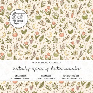 May include: A seamless digital pattern with a cream backdrop, showcasing botanical illustrations. The design incorporates pink tulips, green potion bottles, crescent moons, and lavender sprigs. The text "Witchy Spring Botanicals" is displayed, along with "Pixie Petal Press".