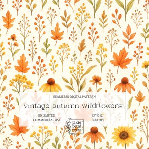 May include: A seamless digital pattern featuring watercolor illustrations of vintage autumn wildflowers. The design includes orange maple leaves, yellow sunflowers, and various floral elements on a cream background. The text reads "vintage autumn wildflowers".