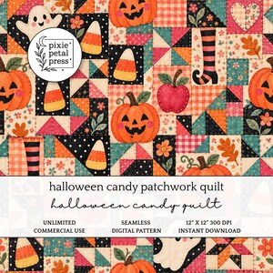 Könnte beinhalten: Ein nahtloses digitales Muster mit einem Halloween-Patchwork-Quilt-Design mit Kürbissen, Geistern, Zuckermais, Äpfeln und gestreiften Strümpfen. Der Text lautet halloween candy patchwork quilt, halloween candy quilt, 30,48 cm X 30,48 cm 300 DPI.