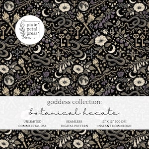 May include: Seamless digital pattern with a dark background featuring botanical and celestial elements. The design includes snakes, moons, flowers, keys, and torches in shades of gray, cream, and purple. The text reads "goddess collection: botanical hecate".