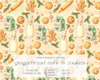 May include: A seamless digital pattern featuring gingerbread men, cookies, milk cartons, and milk bottles with red and white striped straws. The design includes holly, snowflakes, and candies on a cream background. The text reads "gingerbread milk & cookies".