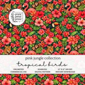 Pink Jungle Tropical Birds Seamless Pattern 300 DPI PNG Exotic Botanical Art Safari Animal Digital Paper Fabric Vinyl Surface Design POD