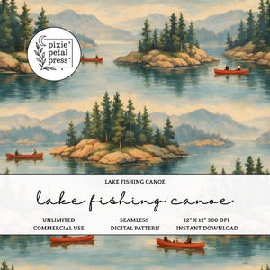 Patrón sin costuras de canoa de pesca en lago para el Día del Padre 300 DPI PNG Pescador Vida Cabaña Aire libre Deporte Esposo Masculino Diseño de superficie Archivo POD