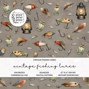 Puede incluir: Un patrón digital sin costuras con señuelos de pesca vintage, linternas, plumas y pequeñas botellas de vidrio con corchos. El diseño incluye el texto "vintage fishing lures", "unlimited commercial use", "seamless digital pattern", y "12" x 12" 300 DPI instant download".