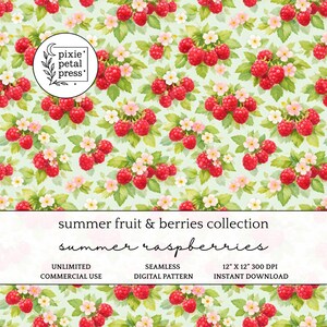 Può includere: Un motivo digitale senza cuciture con grappoli di lamponi rossi, foglie verdi e piccoli fiori bianchi su sfondo verde chiaro. L'immagine include il testo "pixie petal press", "summer fruit & berries collection", "summer raspberries", "unlimited commercial use", "seamless digital pattern" e "12" x 12" 300 dpi instant download".