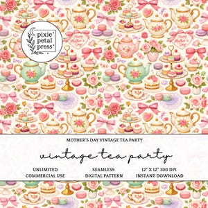 Puede incluir: Un patrón digital sin costuras con un tema de fiesta de té vintage. El diseño incluye teteras, pasteles, macarons, rosas y lazos en colores pastel. El patrón mide 30,48 cm x 30,48 cm.