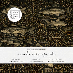 Esoteric Fish Seamless Pattern for Father’s Day 300 DPI PNG Dark Vintage Occult Study Outdoors Husband Masculine Surface Design File POD