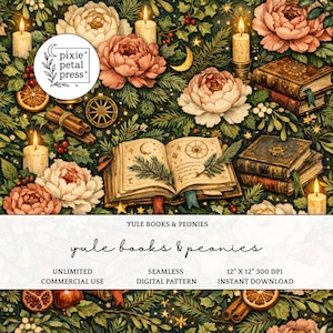 May include: A digital pattern featuring peonies, books, candles, and celestial elements. The design includes open books with illustrations, stacks of aged books, and lit candles. The text "Yule Books & Peonies" is displayed, along with "Unlimited Commercial Use" and "Seamless Digital Pattern."