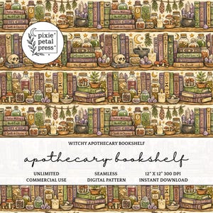 Könnte beinhalten: Nahtloses digitales Muster mit einem Hexen-Apotheken-Bücherregal-Design. Die Illustration zeigt Gläser, Bücher, Kristalle, Kerzen und Totenköpfe. Der Text auf dem Bild lautet "Witchy Apothecary Bookshelf" und "Unlimited Commercial Use".