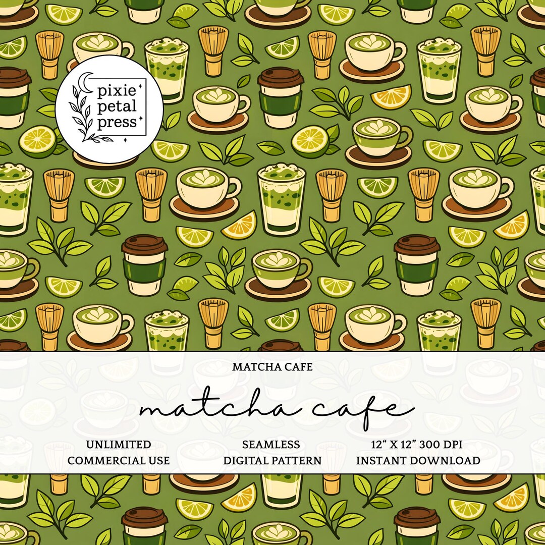 Matcha Design Pattern Matcha Cafe Seamless Pattern 300 DPI PNG Botanical Green Tea Latte ...