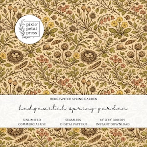 May include: A seamless digital pattern featuring a detailed botanical design with flowers, leaves, nests, and snails in shades of green, brown, and peach on a beige background. The text "HedgeWitch Spring Garden" is displayed.