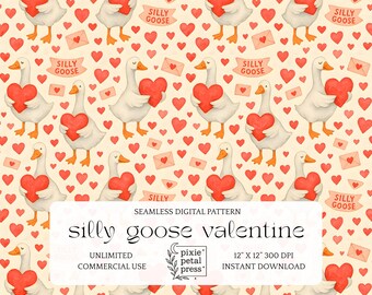 May include: A seamless digital pattern featuring white geese holding red hearts, surrounded by red hearts and envelopes. The text "silly goose valentine" is displayed. The pattern is designed for unlimited commercial use and is 12" x 12" at 300 DPI.