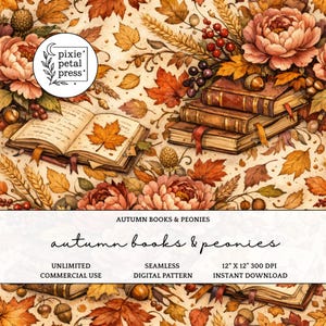 Puede incluir: Ilustración en acuarela con libros de otoño y peonías. El diseño incluye libros abiertos con hojas de arce, pilas de libros y elementos florales en tonos naranja, marrón y crema. El texto dice "Autumn Books & Peonies".