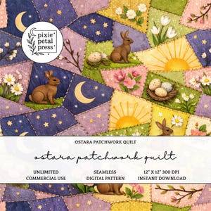 Pode incluir: Um design digital de colcha de retalhos com coelhos, ovos, flores, luas e sóis. A colcha tem uma variedade de cores, incluindo azul, verde, rosa e amarelo. O texto na colcha diz "OSTARA PATCHWORK QUILT". O design tem 30.48 cm x 30.48 cm.