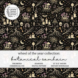 May include: A seamless digital pattern with a black background featuring botanical and celestial elements. The design includes mushrooms, candles, moons, eyes, keys, and branches in cream and purple. The text reads "wheel of the year collection: botanical samhain".