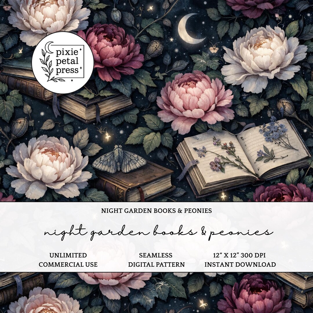 Bookish Night Garden Peonies Seamless Pattern 300 DPI PNG Floral ...