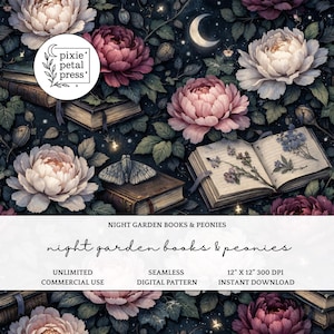 May include: A digital art design featuring a dark background with peonies, books, and a crescent moon. The design includes various colours of peonies, including pink and white, with open books and a moth. The text reads "Night Garden Books & Peonies".