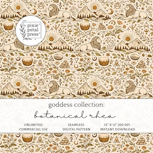 Botanical Rhea Seamless Pattern 300 DPI PNG Celestial Wilderness Greek Goddess Witchy Mountain Art Digital Paper Fabric Surface Design POD