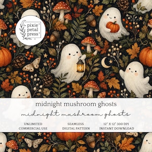 Könnte beinhalten: Ein nahtloses digitales Muster mit weißen Geistern, orangefarbenen Kürbissen, roten Pilzen, Eicheln und Herbstblättern auf dunklem Grund. Der Text lautet midnight mushroom ghosts, 12" x 12" 300 DPI, unbegrenzte kommerzielle Nutzung und Sofort-Download.