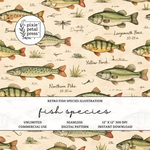 May include: A seamless digital pattern featuring vintage illustrations of various fish species, including Largemouth Bass, Yellow Perch, and Northern Pike. The design includes measurements in inches and the text "fish species".