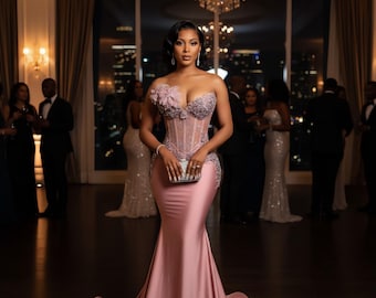 Vestido de sereia rosa luxuoso: vestido formal com espartilho e contas