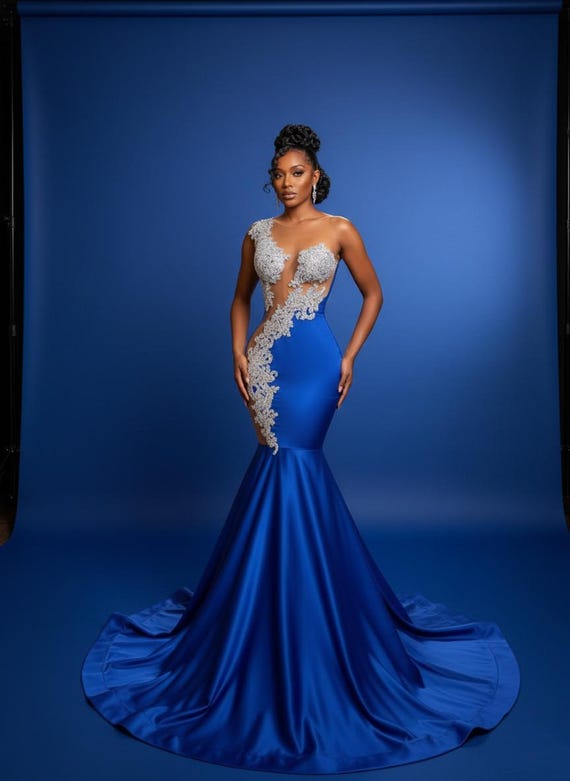 Royal Blue Mermaid Prom Dress: Silver Lace Applique, Illusion Bodice - Etsy UK Royal Blue Mermaid Prom Dress: Silver Lace Applique, Illusion Bodice - Etsy UK