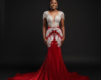 Vestido de noite sereia vermelho: corpete de ilusão bordado em prata, cauda