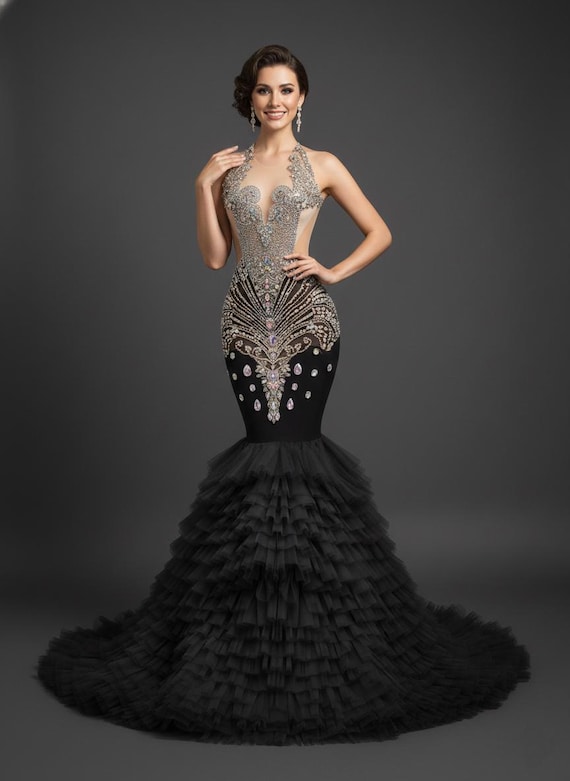 chinese dress ladies V Neck Black Mermaid Prom Dresses, Black Mermaid Formal Graduation Dre –  jbydress