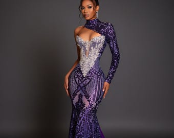 Vestido de baile sereia com lantejoulas roxas: vestido de noite assimétrico de um ombro só