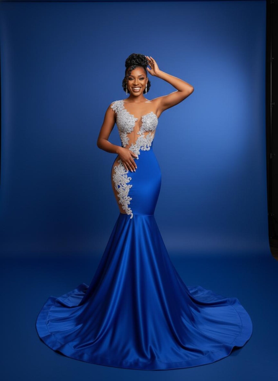 Royal Blue Mermaid Prom Dress: Silver Lace Applique, Illusion Bodice - Etsy