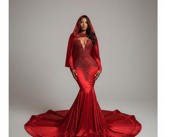 Vestido de noite luxuoso estilo sereia com contas vermelhas e capa com capuz: espartilho de cristal