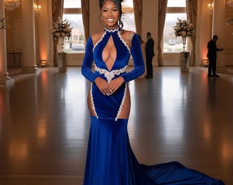 Vestido de baile sereia de veludo azul royal: apliques de renda
