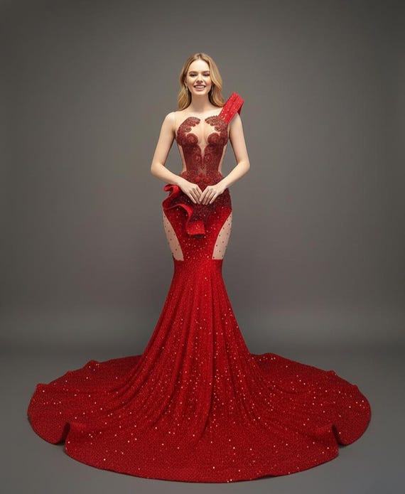Red Sequin Mermaid Gown: Beaded Illusion Bodice, Asymmetrical Prom Dress