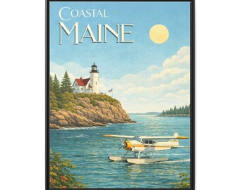 Coastal Maine Lighthouse Seaplane Matte Canvas Framed | Travel Poster Wall Art