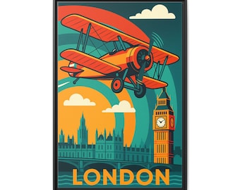 Vintage Sopwith Camel Biplane London Poster Matte Canvas, Framed | Retro Travel Wall Art
