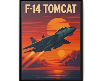 F-14 Tomcat Retro Fighter Jet Sunset Matte Canvas Framed | Aviation Wall Art