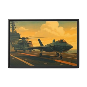 May include: Framed print of a military aircraft carrier deck with a helicopter and a fighter jet. The artwork uses a warm colour palette of yellows, oranges, and blues, with a detailed depiction of the vehicles and the sea.