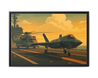 CH-53E and F-35 Retro Aircraft Carrier Poster Matte Canvas, Framed