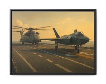 CH-53E & F-35 Flight Deck Retro Poster Matte Canvas, Framed