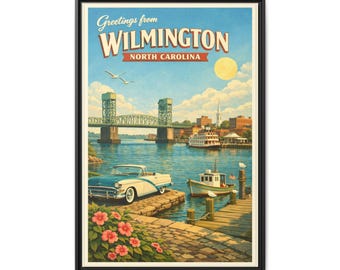Wilmington NC Cape Fear Riverfront Travel Poster Canvas, Framed