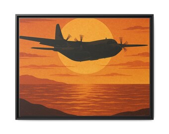 C-130 Hercules Cargo Samolot Sunset Matte Canvas w ramie | Grafika ścienna z sylwetką lotnika